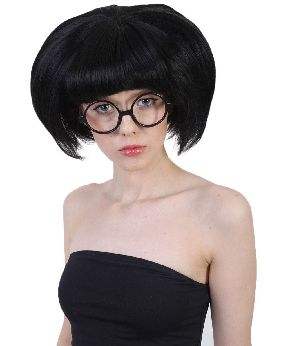 Incredibles 2 ファッションデザイナー Edna Mode グラスセット付き H-3844 ブラック カラーボブ バング&グラス ハロウィンウィッグ 通気性の良い キャップレスキャップ
