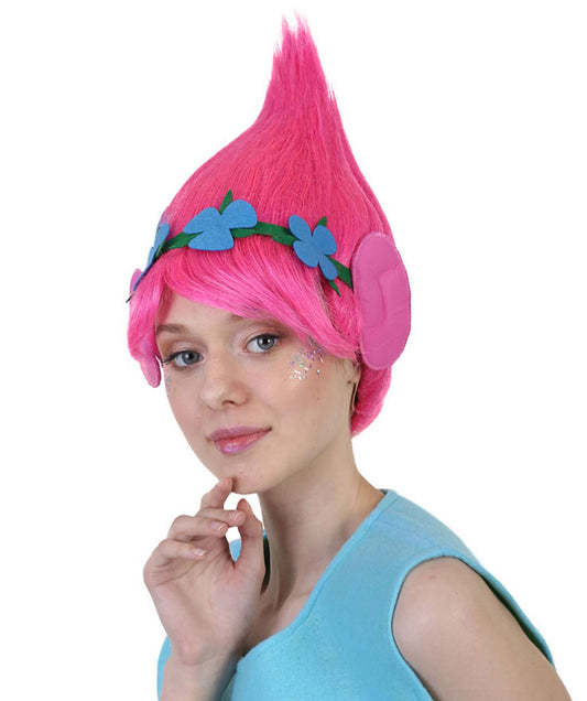 コスプレウィッグ Poppy Trolls イヤー付き H-3570 ピンク コスプレハロウィンウィッグ プレミアム 通気性の良い キャップレスキャップ