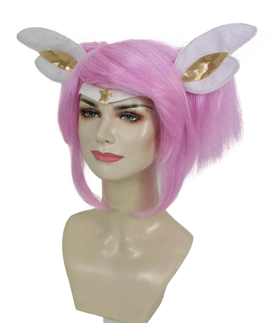 女性用 H-6011 アニメ ガーディアン 2 ポニーテール ミディアム ストレート ピンク コスプレウィッグ ハロウィンに最適 難燃性合成繊維