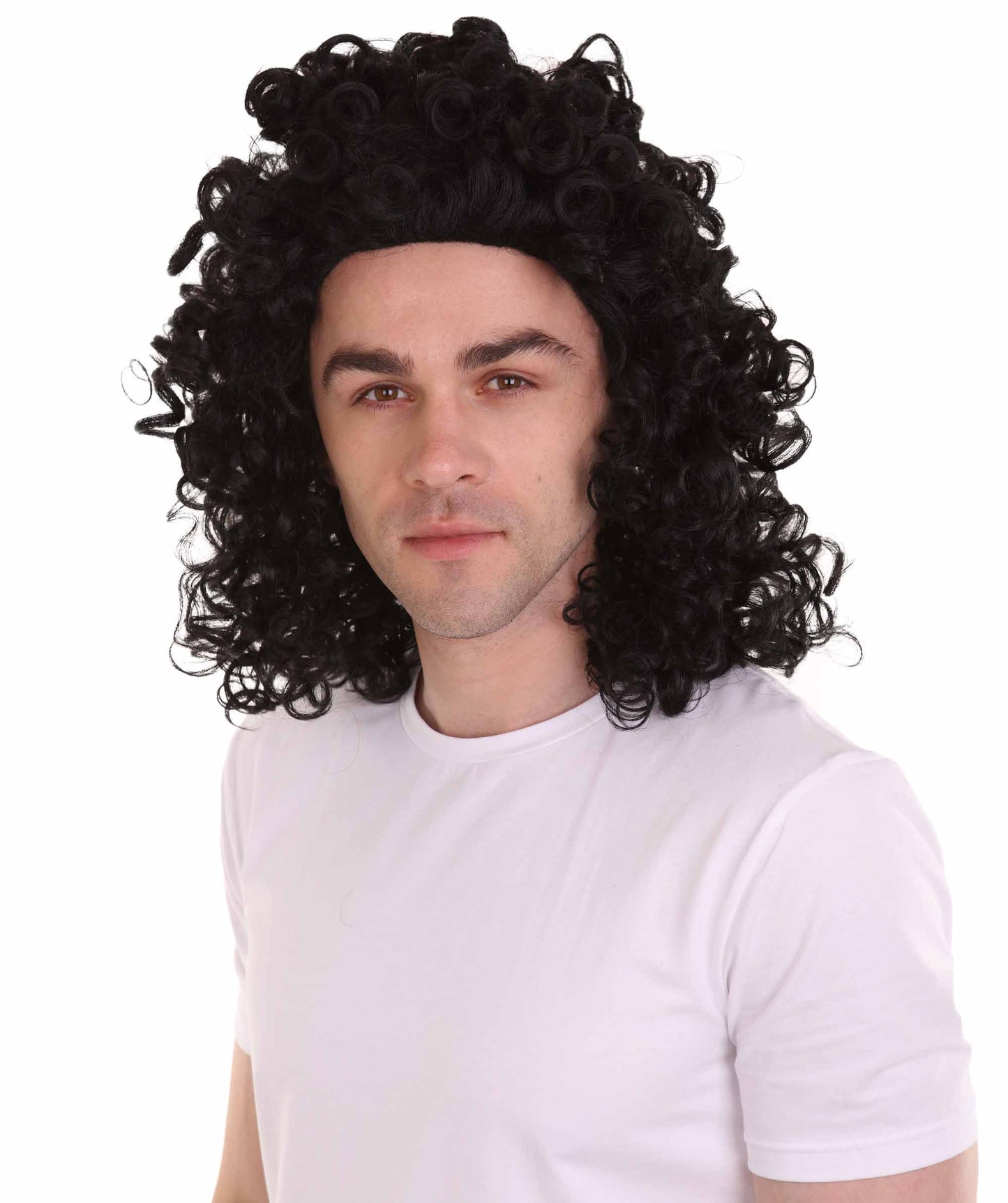 ハロウィンパーティ 男性用 H-4280 カーリーロックスターウィッグ 黒 プレミアム通気性キャップレスキャップ
