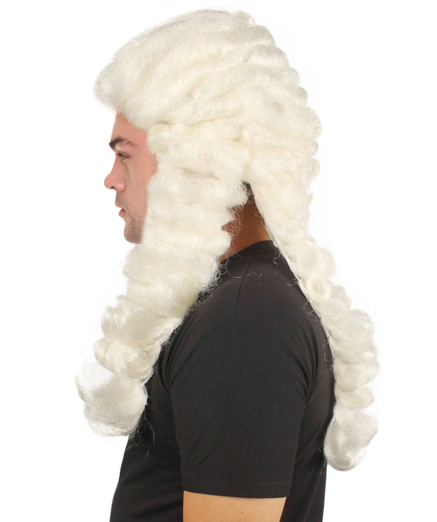 男性用コロニアル裁判官カーリーロングホワイトウィッグ H-4332 プレミアム通気性キャップレスキャップ