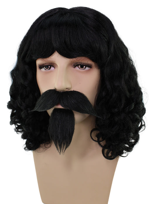 ハロウィンパーティ プレミアム メンズ H-5575 黒のウェービーショルダーレングスムスカティアウィッグ髭と口ひげ付き