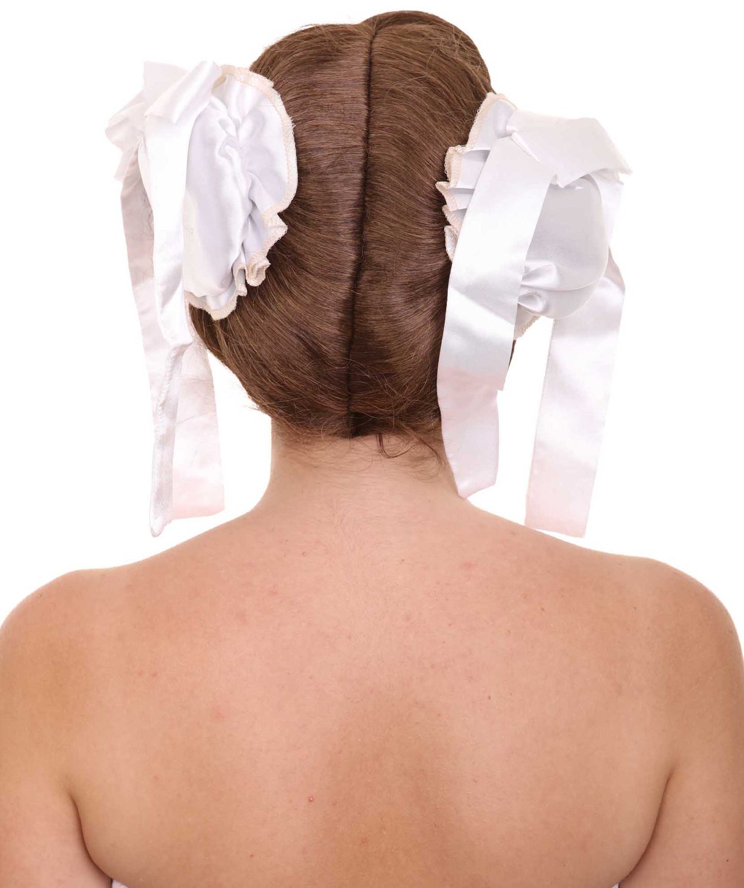 ハロウィンパーティプレミアム H-5238 レディース 茶色ストレートでアップスタイルの白い牛の角とリボンのコスプレウィッグ