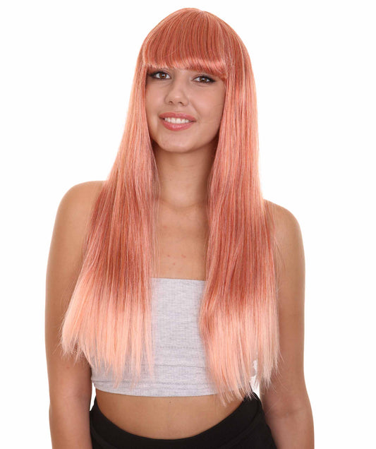 ロングボブピーチ女性用ウィッグ H-3338 華やかなパーティーイベント準備完了のハロウィンウィッグ プレミアム通気性のあるキャップレスキャップ