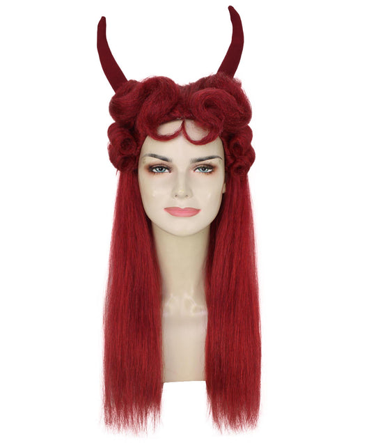 女性用 6233 ロング レッド デビルホーン ウィッグ コスプレ ウィッグ 難燃性 合成繊維