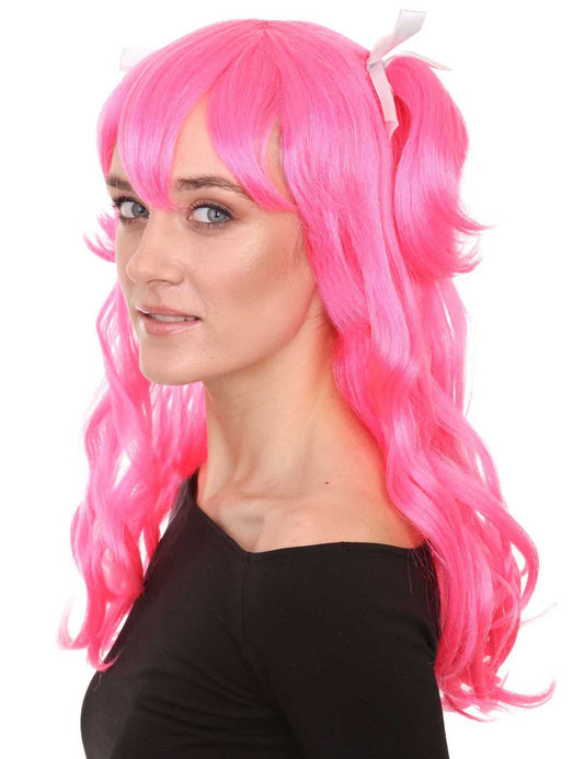 レディース ロング ピンク おさげ キャラクター コスプレ ハロウィン ウィッグ プレミアム通気性キャップレスキャップ H-272