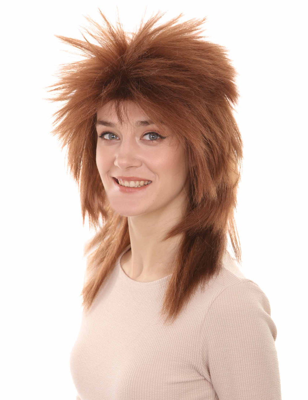 Wigs2you ハロウィン パーティー プレミアム H-1331 簡単に着用でき 快適なフィット感 80 年代女性ミドル ブラウン ロッカー スタイルウィッグ