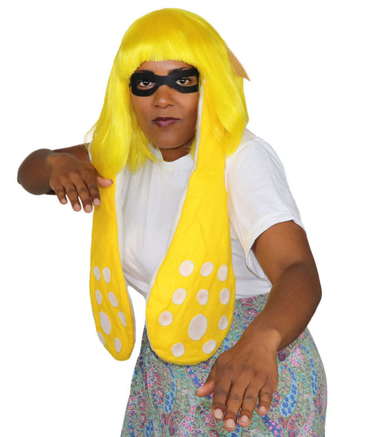 アダルトウィメンズ スプラトゥーン イエロー インクリングガール イエローウィッグ & 耳 マスクセット付き H-4715 ビデオゲームウィッグ プレミアム通気性の良いキャップレスキャップ