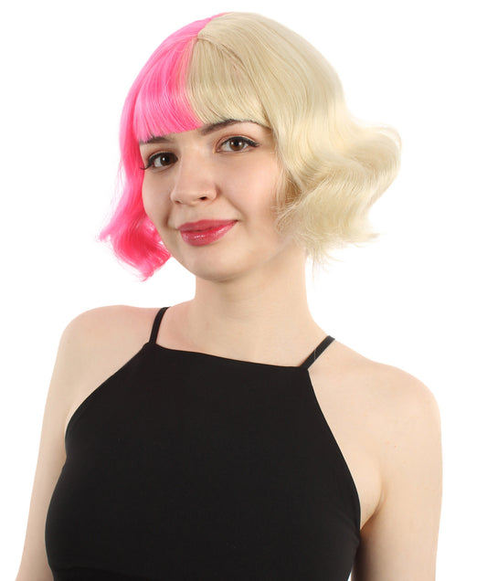 女性 8インチ ショートレングス ウェービー ポップアイコンウィッグ ブロンドピンク H-5381_20 合成繊維の髪 ハロウィーンパーティーウィッグ