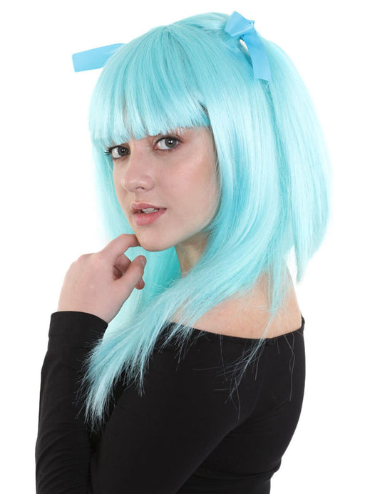 ゲームレディースウィッグ ライトブルー コスプレウィッグ プレミアム通気性キャップレスキャップ H-292