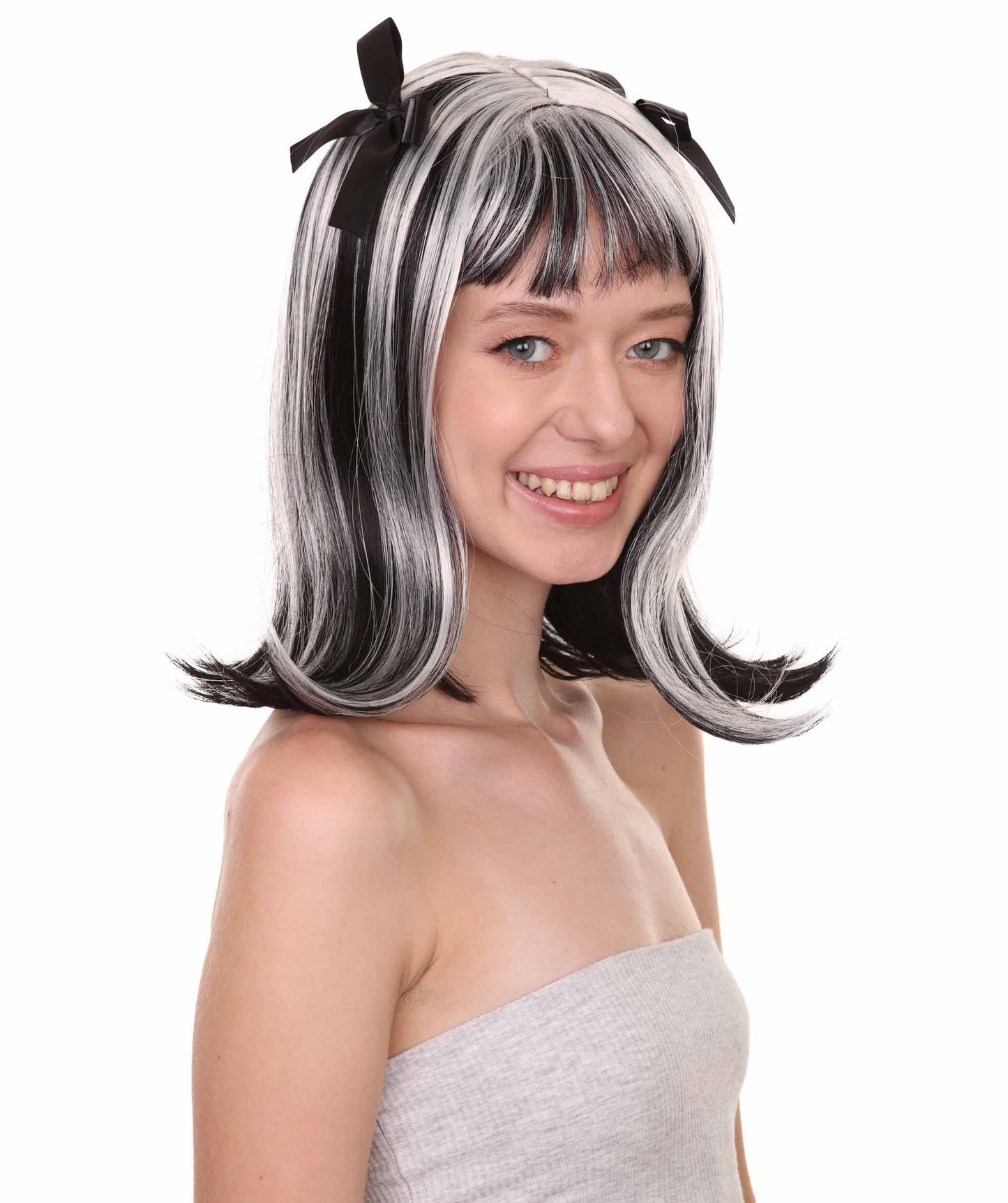女性用ゴーストリーゾンビウィッグリボン付きツートーンマルチカラーウィッグ H-4636 プレミアム通気性キャップレスキャップ