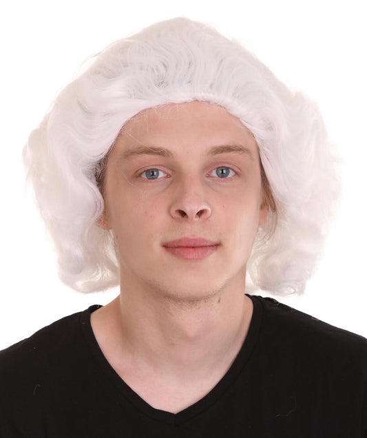 男性用コロニアルウェービーカーリーホワイトウィッグ H-4336 プレミアム通気性キャップレスキャップ