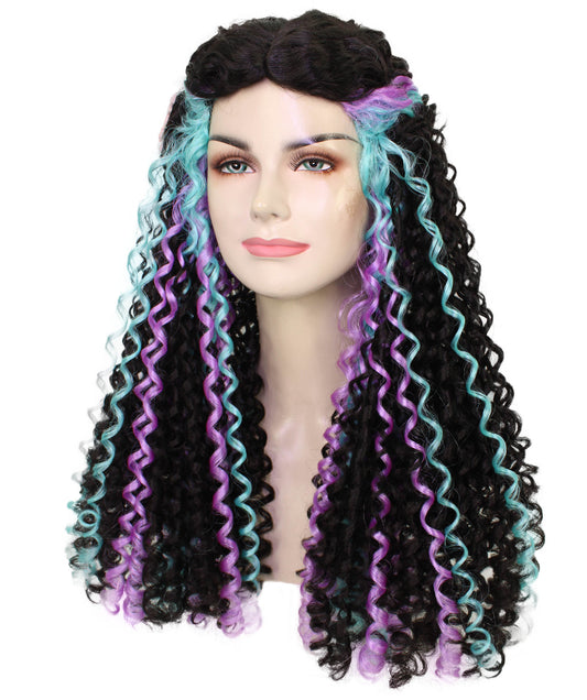 レディース H-6018 黒のかぎ針編み三つ編みフルロックウィッグ、ハロウィンに最適、難燃性合成繊維