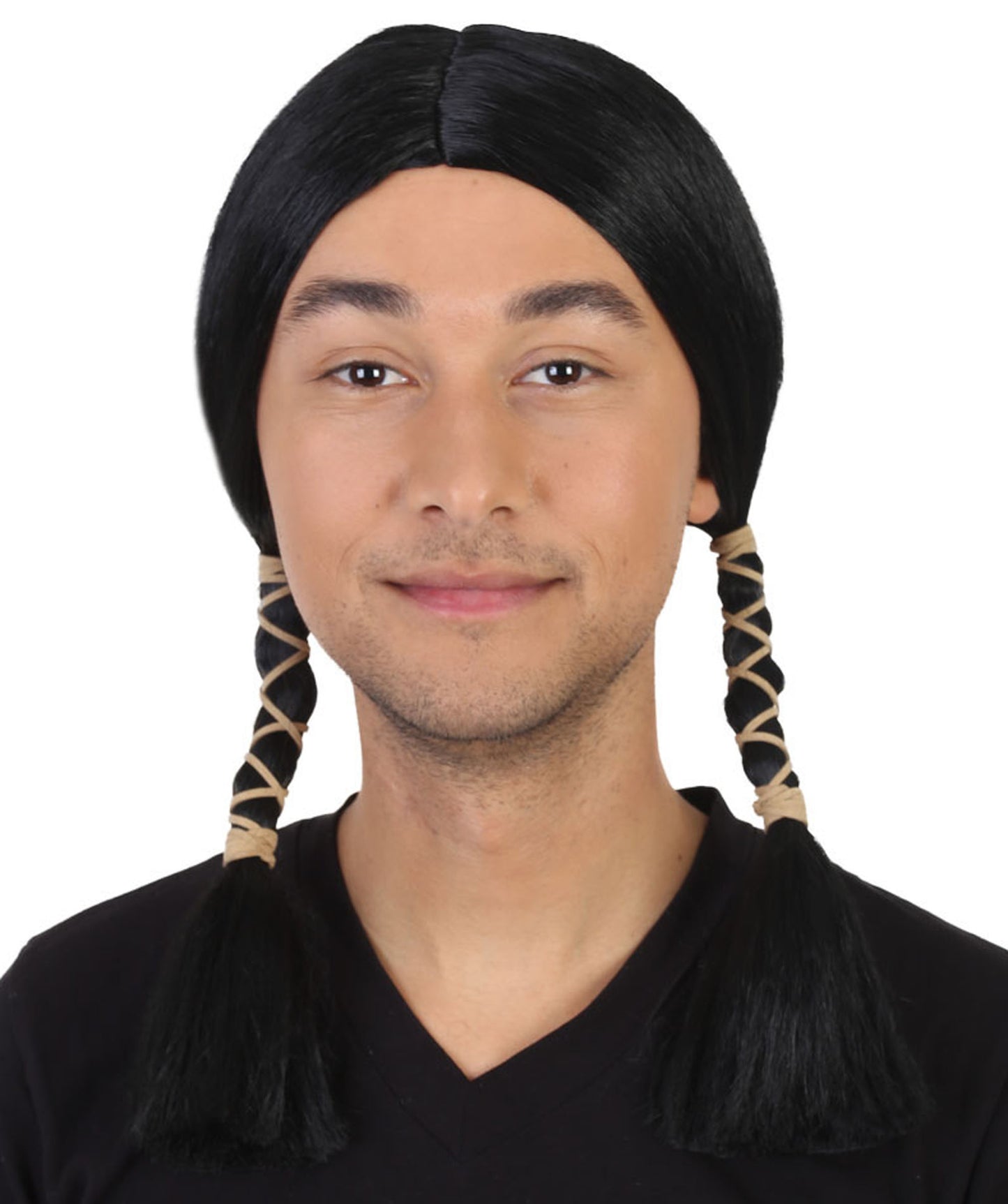 男性用 H-1548 ネイティブアメリカン ブラック ウィッグ コスプレハロウィン ウィッグ プレミアム通気性キャップレスキャップ