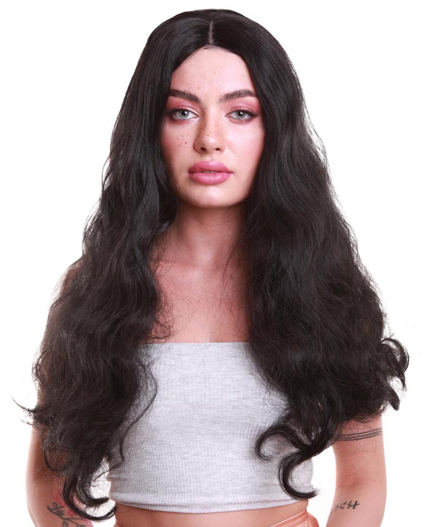 女性 ロング カーリー センターパーティング ブラック ウィッグ H-5094 プレミアム 通気性の良いキャップレスキャップ