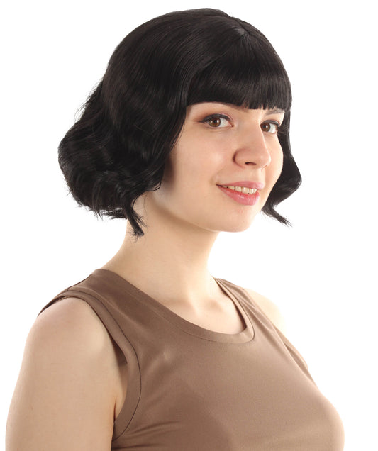 女性 8インチ ショートレングス ウェービー ポップアイコンウィッグ 黒 H-5381_12 合成繊維の髪 ハロウィーンパーティーウィッグ