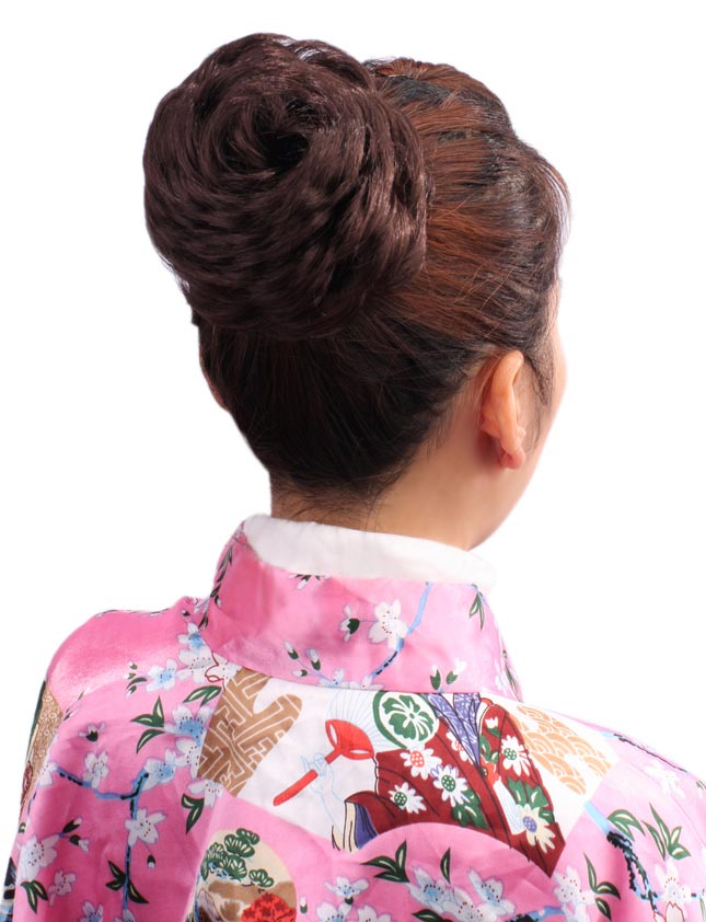 女性 W-8411 のフルボリュームラウンドシニョンバンズヘアスタイル チャコール 合成繊維