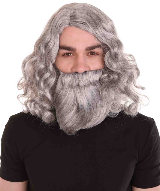 ハロウィンパーティープレミアム 男性用 H-3614 聖書のウィッグとひげ グレー セット