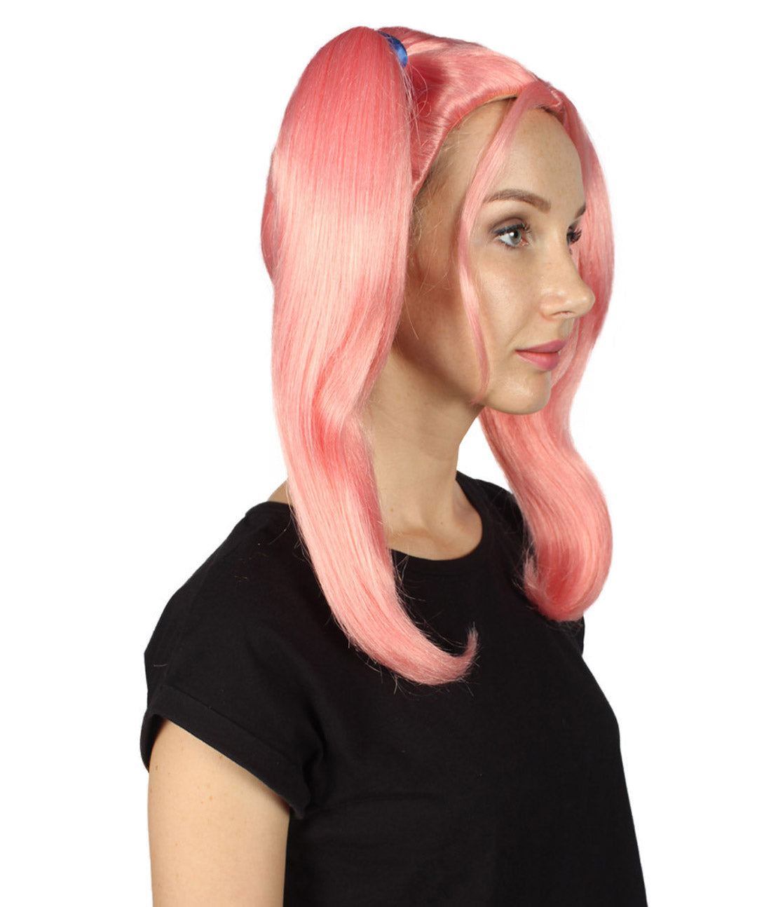 女性用ピンクアップツインテールウィッグ H-3387 パーティーハロウィンウィッグ プレミアム通気性のあるキャップレスキャップ