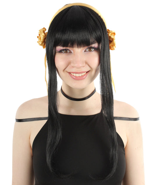 大人向け女性用 H-5806 日本のアニメシリーズ ロング ブラック ストレート ウィッグ ヘッドピース付き ハロウィンに最適 難燃性合成ファイバー