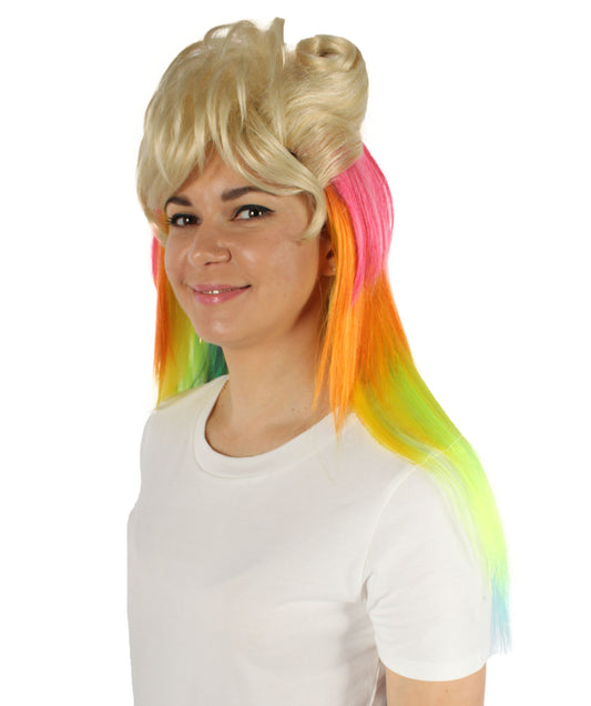 女性用 H-5852 レインボー&ブロンド マレット コスプレ ウィッグ ハロウィンに最適 難燃性合成繊維