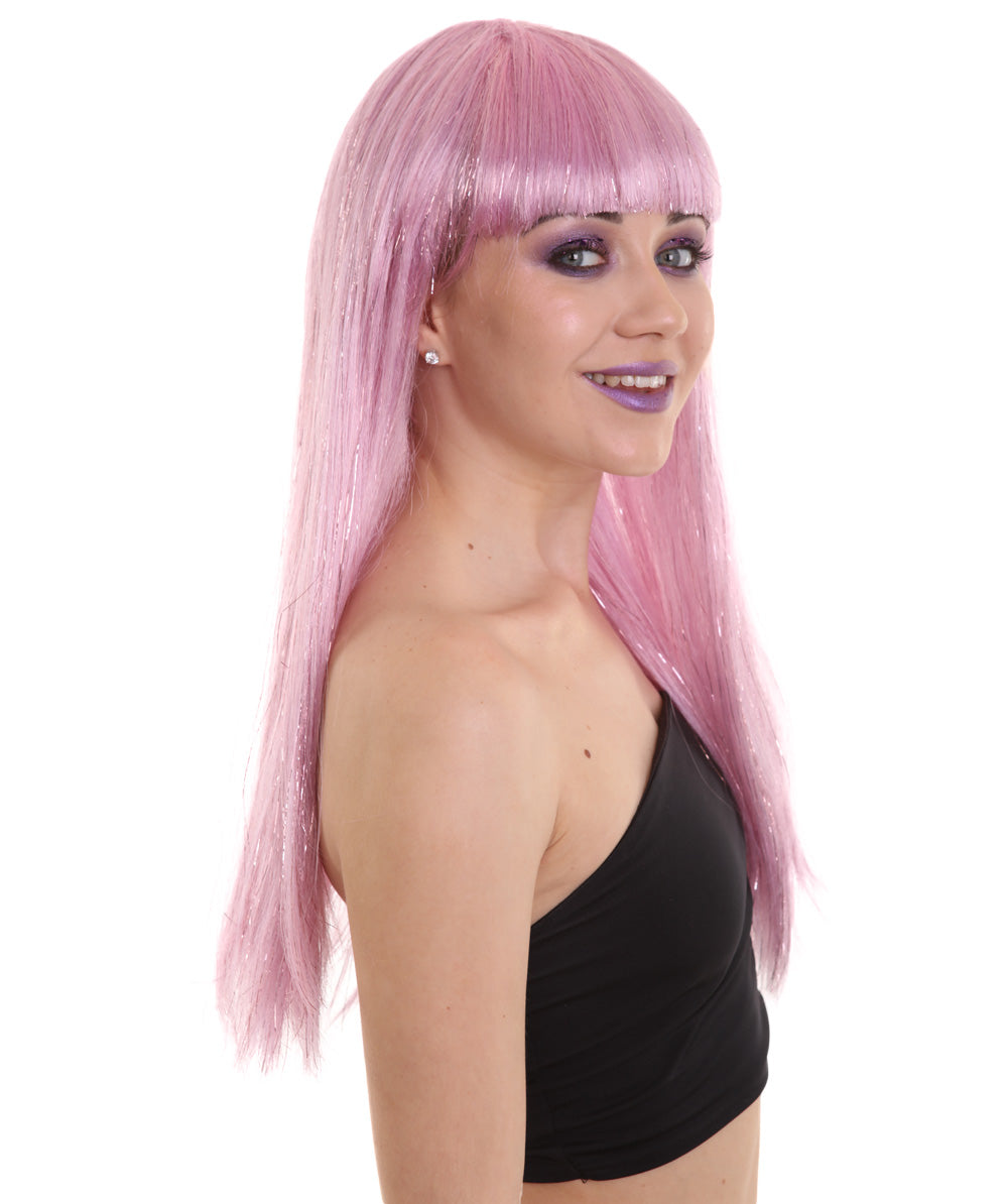 ハロウィンパーティ プレミアム H-5207 女性用 ロングベビーピンクティンセル バング付きウィッグ