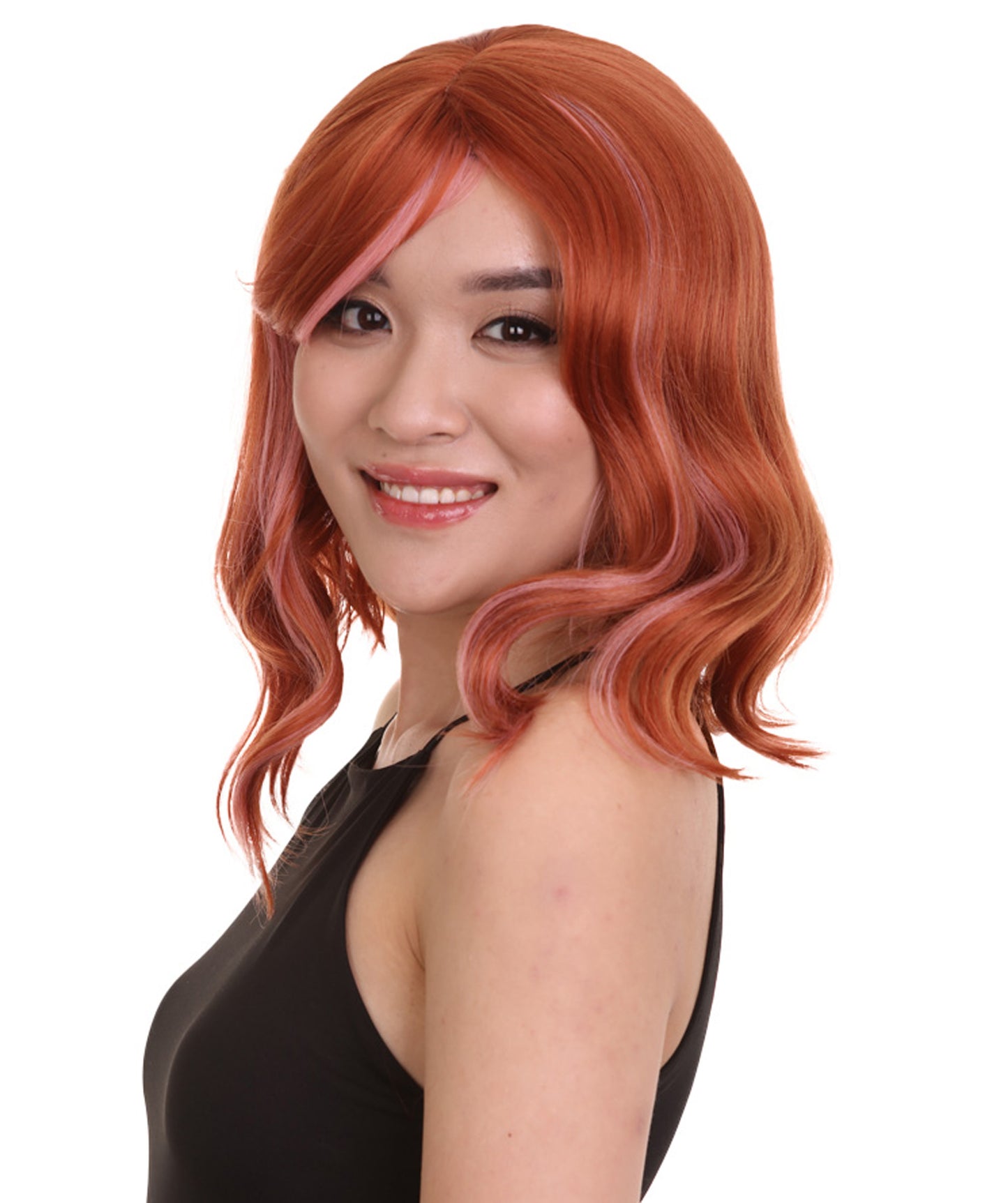 女性用ショルダーレングス 熱耐性ウェービーボブウィッグ レディッシュオレンジ H-5197 コスプレウィッグ プレミアム通気性キャップレスキャップ