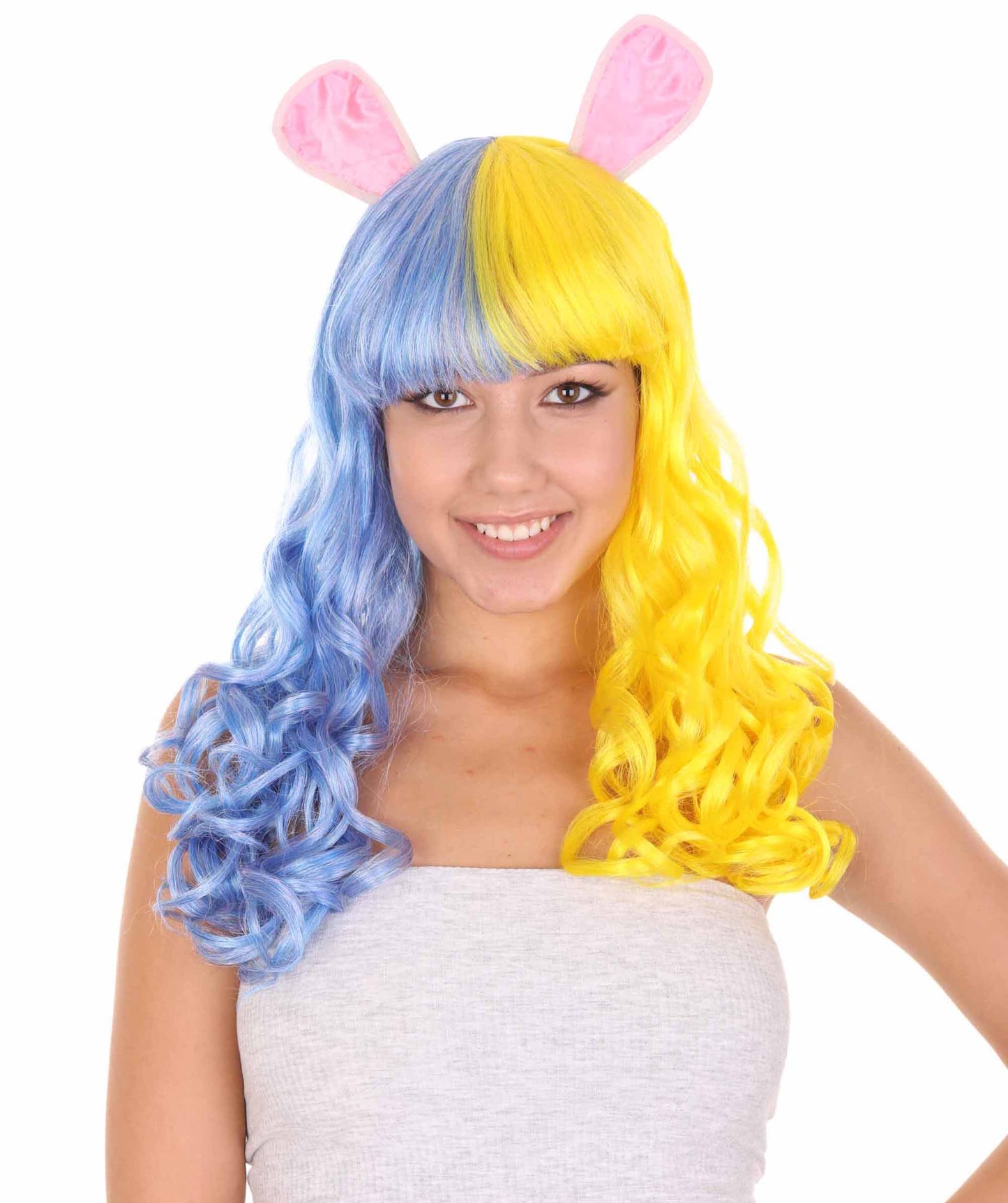 Wigs2you ハロウィンパーティープレミアムレディース H-1780 華やかに見えるイースターバニー ブルー&イエローのロングウェーブパーティーウィッグ