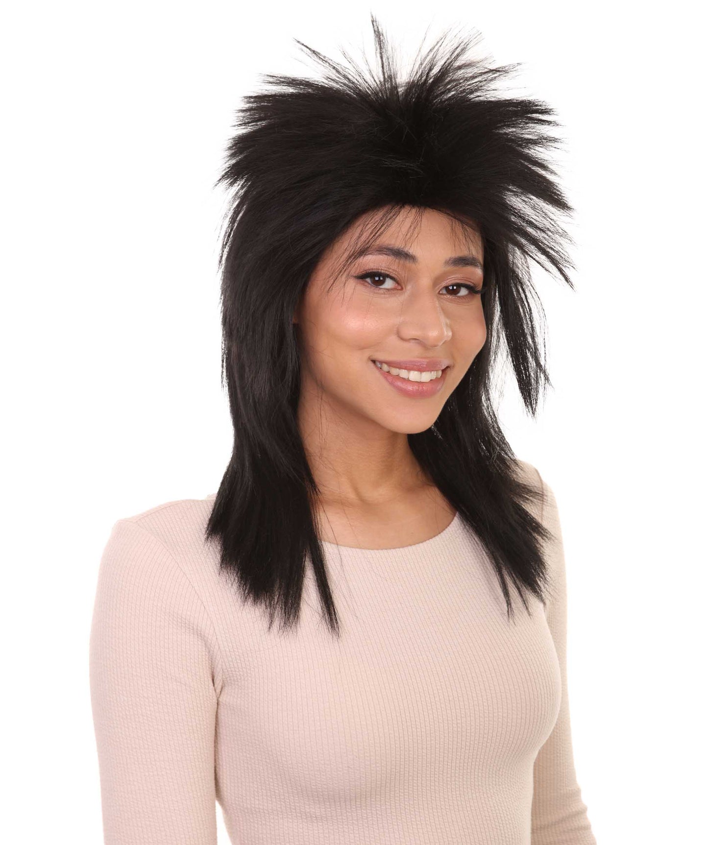 Wigs2you ハロウィン パーティー プレミアム H-1322 簡単に着用でき 快適なフィット感 80 年代女性ブラック ロッカー スタイルウィッグ