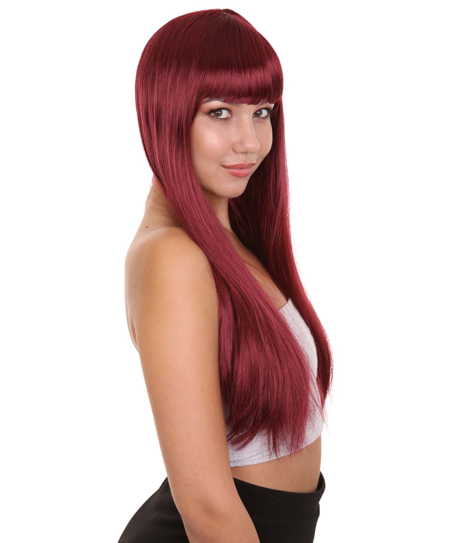 ロングボブバーガンディ女性用ウィッグ H-3336 華やかなパーティーイベント準備完了のハロウィンウィッグ プレミアム通気性のあるキャップレスキャップ