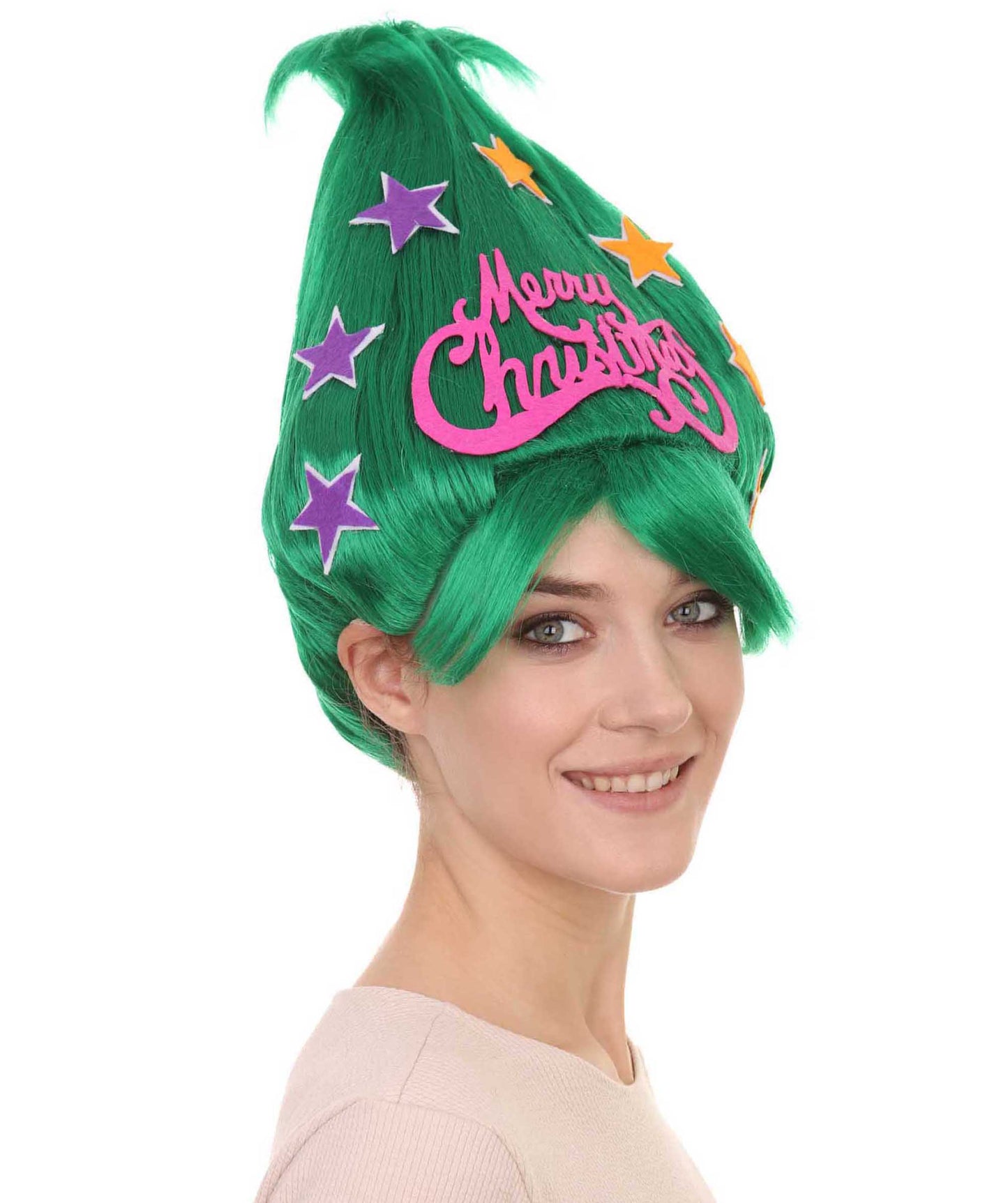 グリーンクリスマスツリーレディースウィッグ H-3529 メリーウィッグ プレミアム通気性のあるキャップレスキャップ