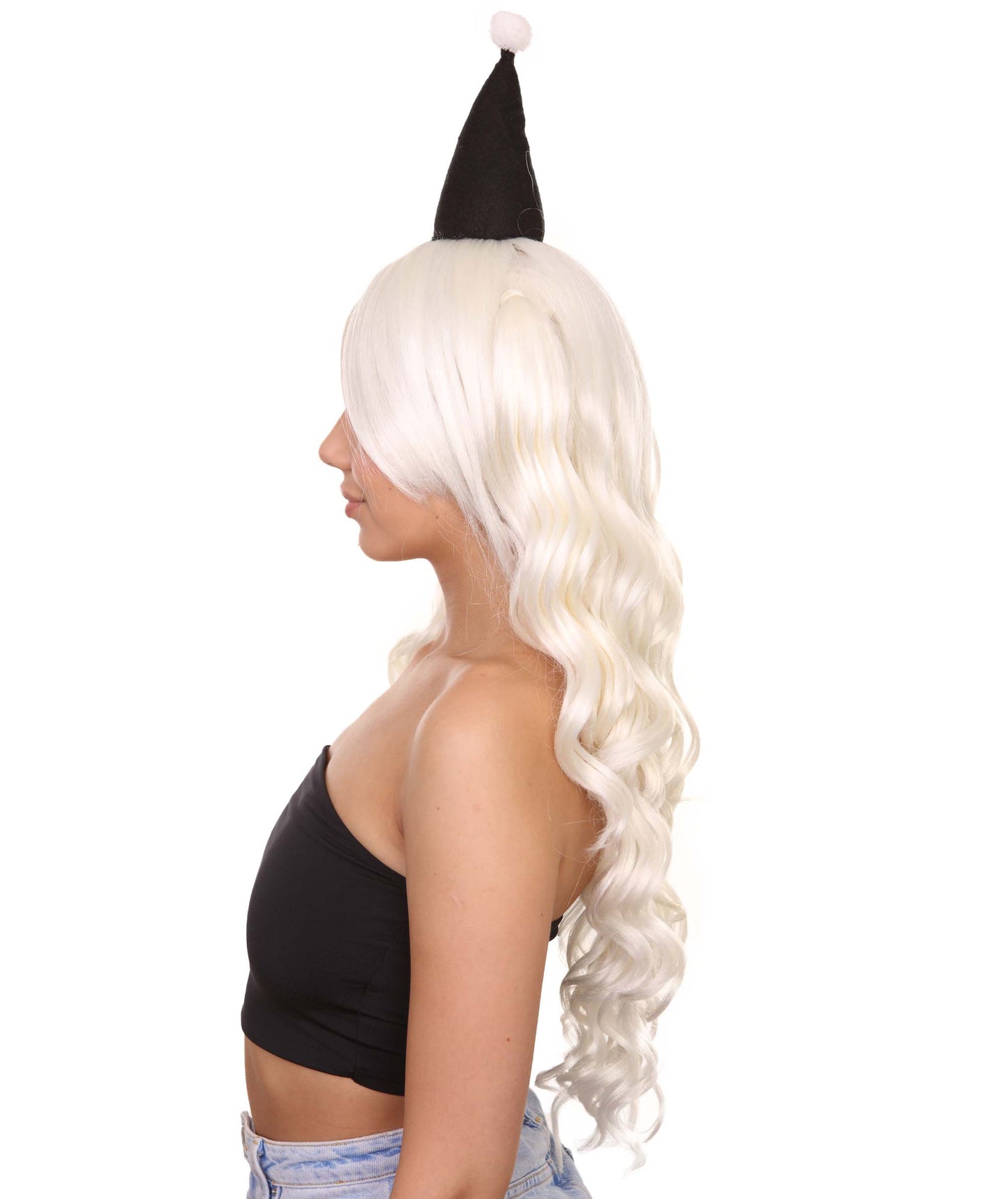 クラウンガール 2つのポニーテール ホワイトウィッグ 小さな帽子付き H-3827 キャラクターコスプレハロウィンウィッグ プレミアム 通気性の良い キャップレスキャップ