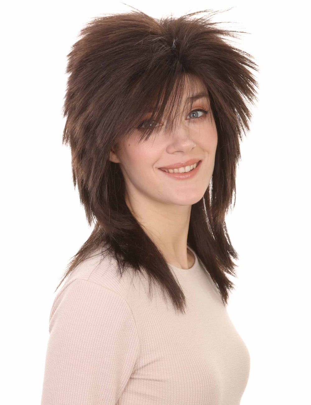 Wigs2you ハロウィン パーティー プレミアム H-1333 簡単に着用でき 快適なフィット感 80 年代女性ダークブラウン ロッカー スタイルウィッグ