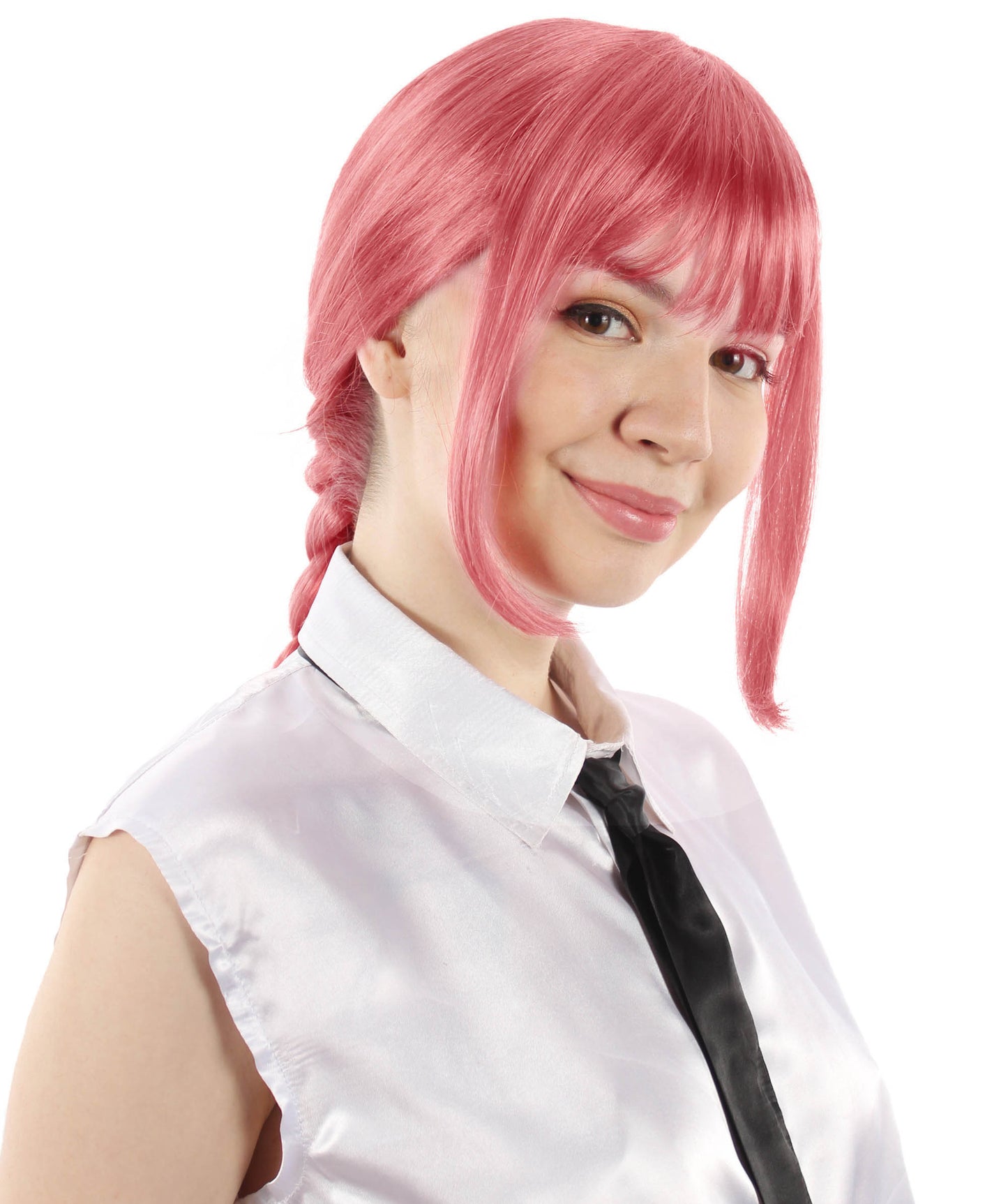 大人向け女性用 H-5811 超自然な チェーンソーアニメ マキ ピンク ブレイデッド ウィッグ ハロウィンおよびアニメテーマのグループパーティに最適 難燃性合成ファイバー