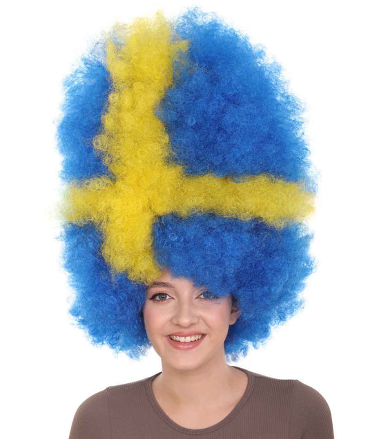 スウェーデンフラッグ スポーツパーティージャンボアフロウィッグ H-3973 プレミアム 通気性の良い キャップレスキャップ