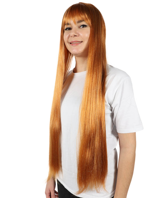 女性用H-5892 アメリカのラッパー ロング シャイニー ダークオレンジ ウィッグ ハロウィンに最適 難燃性合成ファイバー