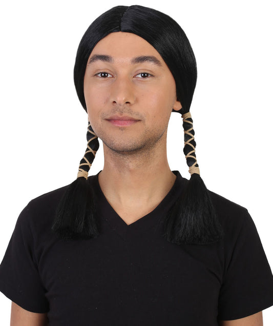 男性用 H-1548 ネイティブアメリカン ブラック ウィッグ コスプレハロウィン ウィッグ プレミアム通気性キャップレスキャップ