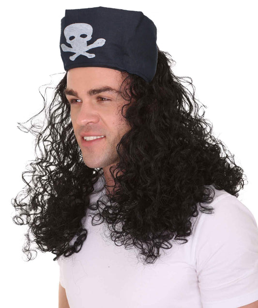 ハロウィンパーティ プレミアム メンズ H-5570 長い黒いカーリーパイレーツバッカニアウィッグバンダナ付き
