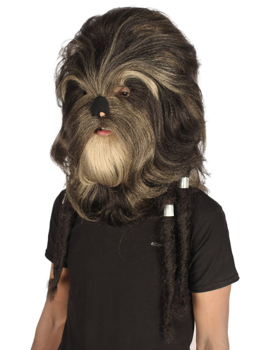 ハロウィンパーティ プレミアムメンズ H-5549 長いヘアリー エルダーウォリアーエイプ ミリタリーリーダー レジスタンスファイター ダークブラウン コスプレウィッグ & マスク