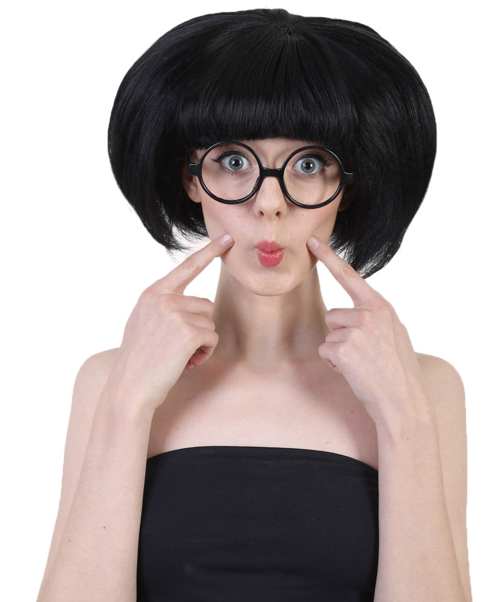 Incredibles 2 ファッションデザイナー Edna Mode グラスセット付き H-3844 ブラック カラーボブ バング&グラス ハロウィンウィッグ 通気性の良い キャップレスキャップ