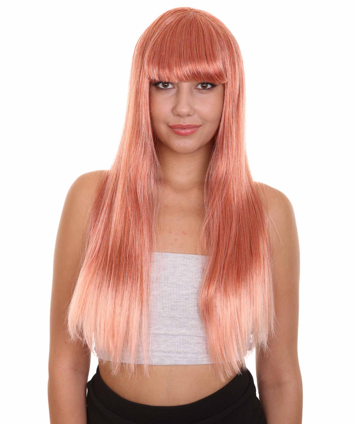 ロングボブピーチ女性用ウィッグ H-3338 華やかなパーティーイベント準備完了のハロウィンウィッグ プレミアム通気性のあるキャップレスキャップ