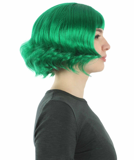 女性 8インチ ショートレングス ウェービー ポップアイコンウィッグ グリーン H-5381_5 合成繊維の髪 ハロウィーンパーティーウィッグ