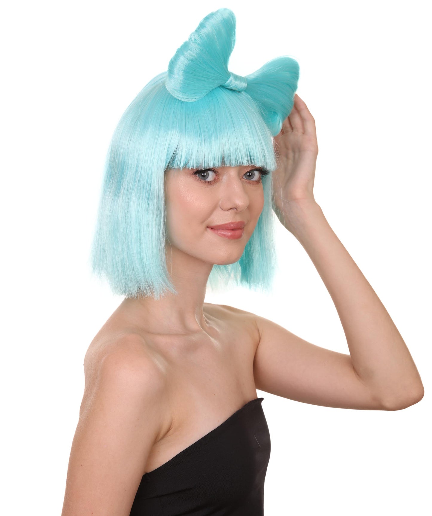大人の女性用 H-1663 ライトブルーバタフライボウウィッグ セレブリティウィッグ ハロウィン用 プレミアム通気性キャップレスキャップ