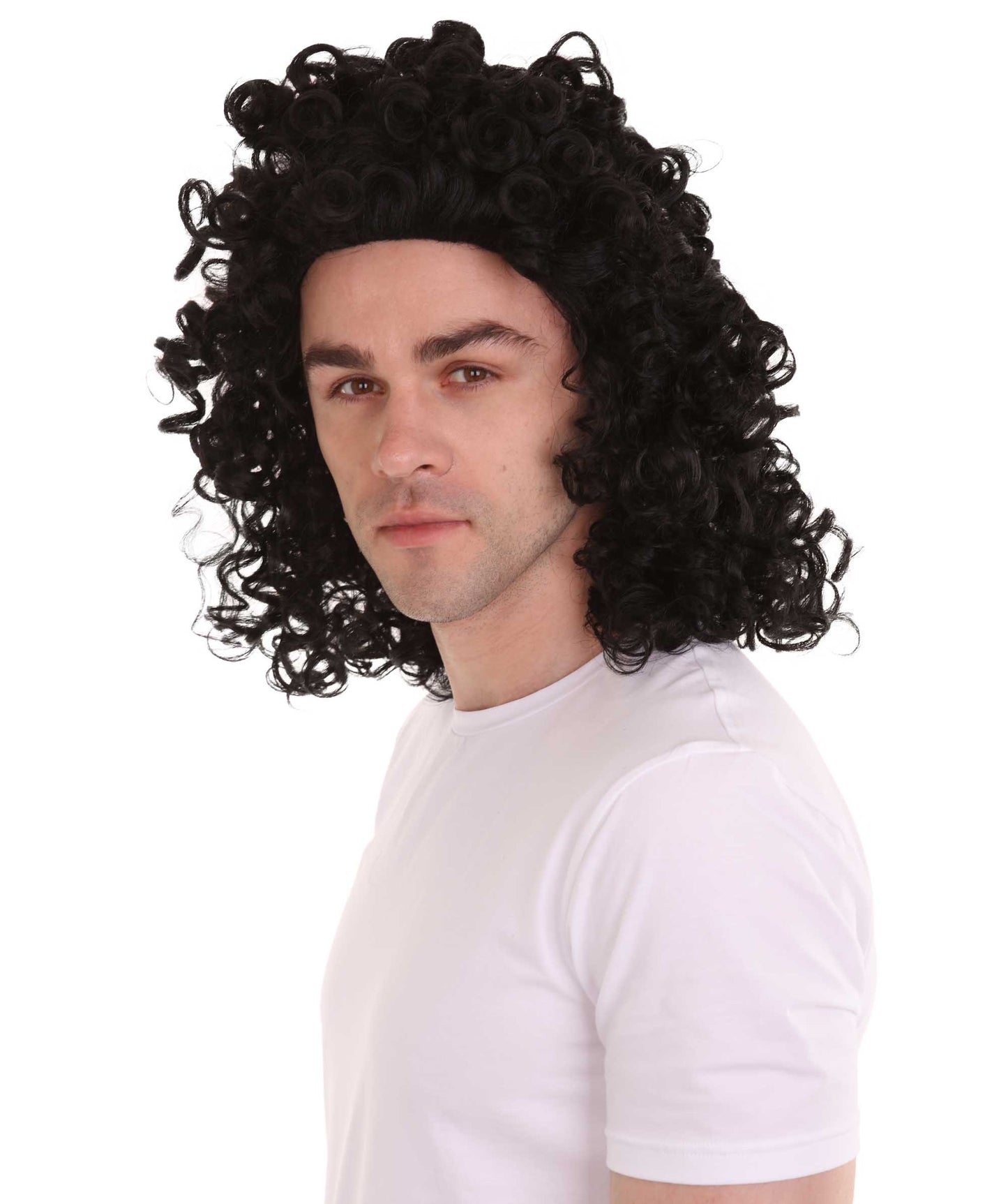 ハロウィンパーティ 男性用 H-4280 カーリーロックスターウィッグ 黒 プレミアム通気性キャップレスキャップ