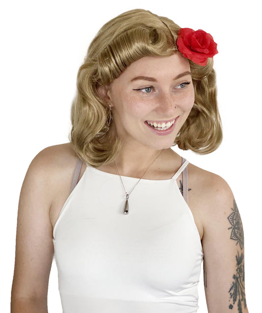 ローズと一緒のかつらの上の婦人用ピン|党がすぐに使える想像ブロンド・コスプレ・ハロウィンかつら|割増空気を通すCaplessなキャップH-425