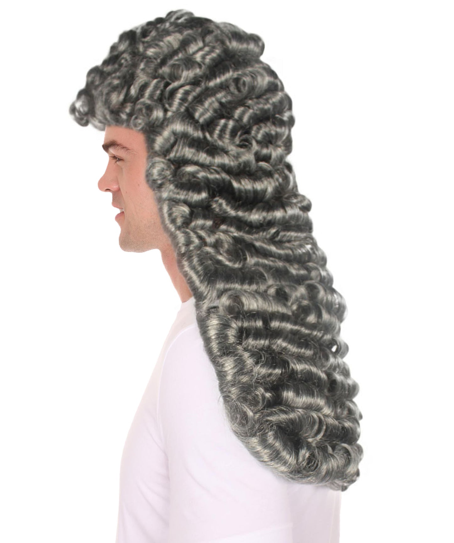 コロニアル男性裁判官ウェービーカーリーロンググレーウィッグ H-4350 プレミアム通気性キャップレスキャップ