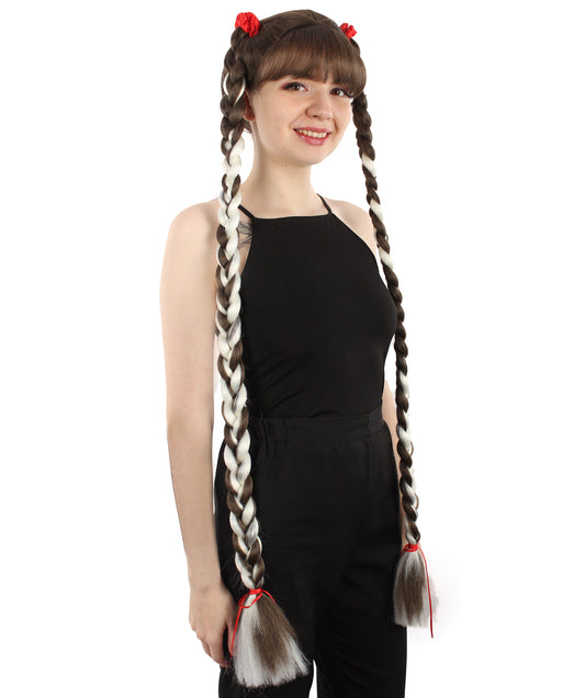 女性用 H-5826 K-POP タイ ラッパー ブレイデッド ピッグテール ウィッグ ハロウィンに最適 難燃性合成繊維