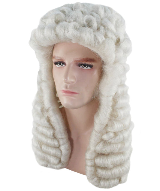 コロニアル男性裁判官ウェービーカーリーロングホワイトウィッグ H-4351 プレミアム通気性キャップレスキャップ