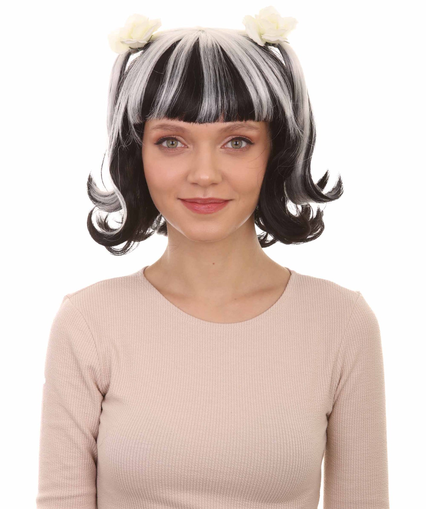 女性用ゴシックピグテイルゴーストウィッチブライドゾンビウィッグローズ付きツートーンマルチカラーウィッグ H-4637 プレミアム通気性キャップレスキャップ