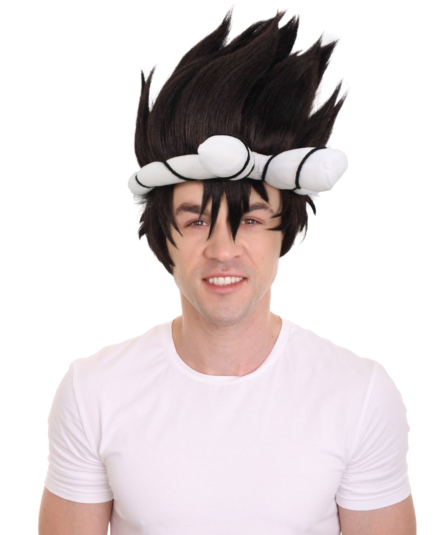 Wigs2you H-6919 黒のスパイキーウィッグと白の結び目付きヘッドバンド|ハロウィンに最適|プレミアムな通気性のあるキャップレスキャップ